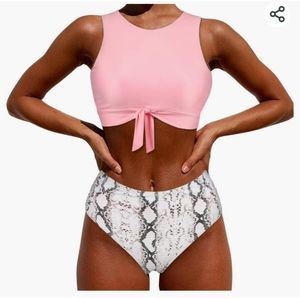 MOOSLOVER Women High Neck Top Knotted Front Tankini Set High Waisted